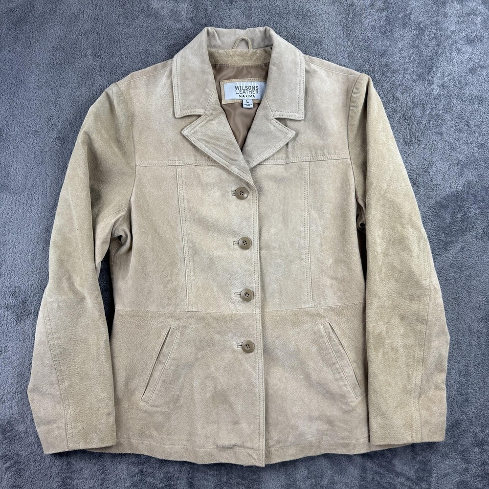 Wilsons Leather Maxima Jacket Womens L Tan Beige Suede Button Front Blazer - Picture 2 of 11